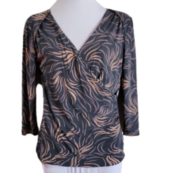 Tesori Beige & Charcoal Colored Swirl Design Wrap Blouse in Size S - Picture 1 of 5